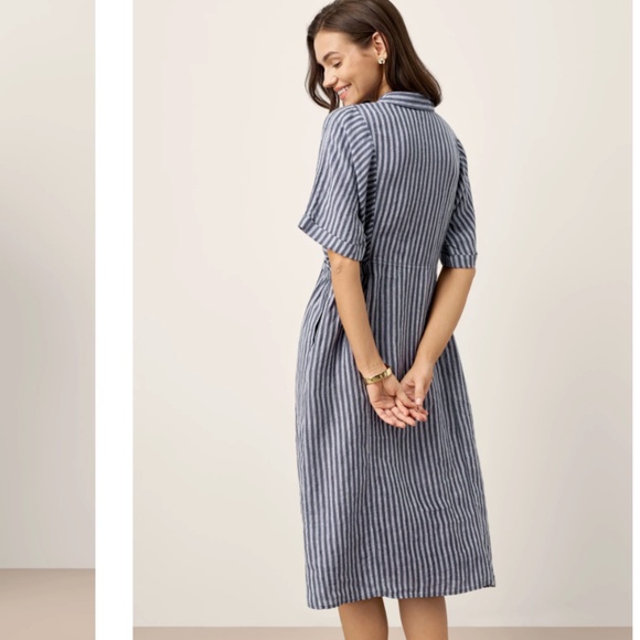 100% Linen Striped Buttoned Front Short Sleeve Midi Shirt Dress CASSANDRA - Picture 4 of 8